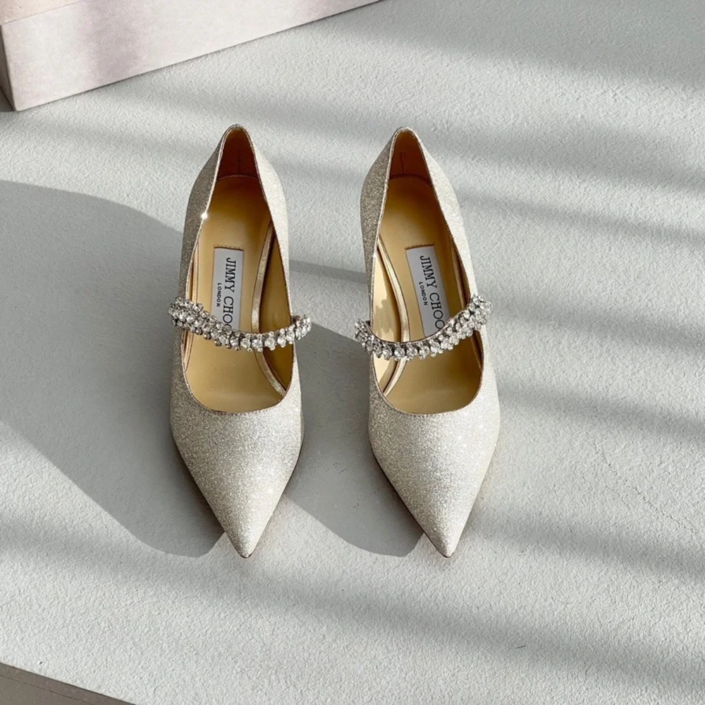 Jimmy Choo Silver Glitter Crystal-Strap Pointed Pumps